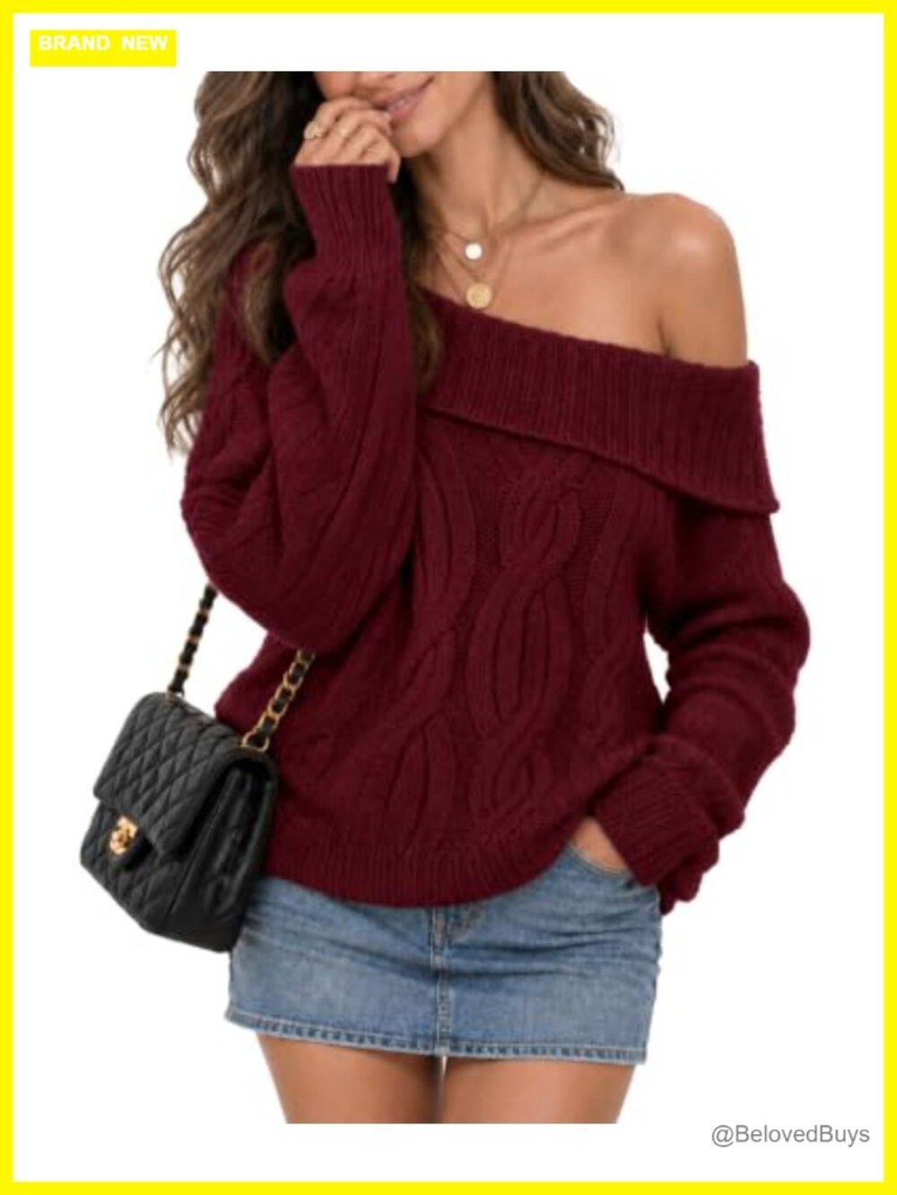 Wool Blend Off Shoulder Cable Knit Oversized Sweater Pullover